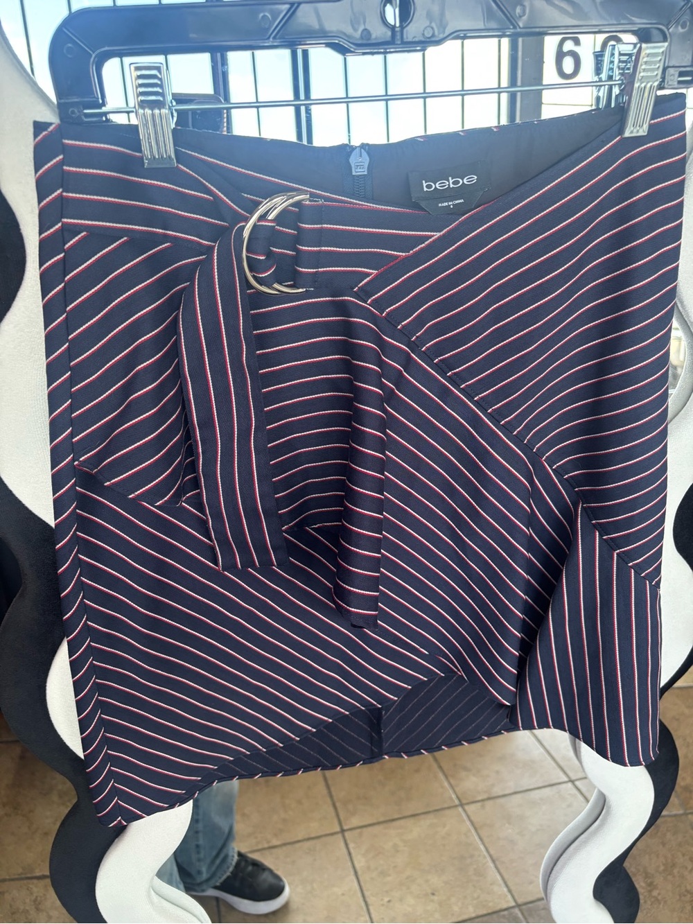 bebe Navy and Pink Asymmetrical Wrap Skirt with D-Ring Belt